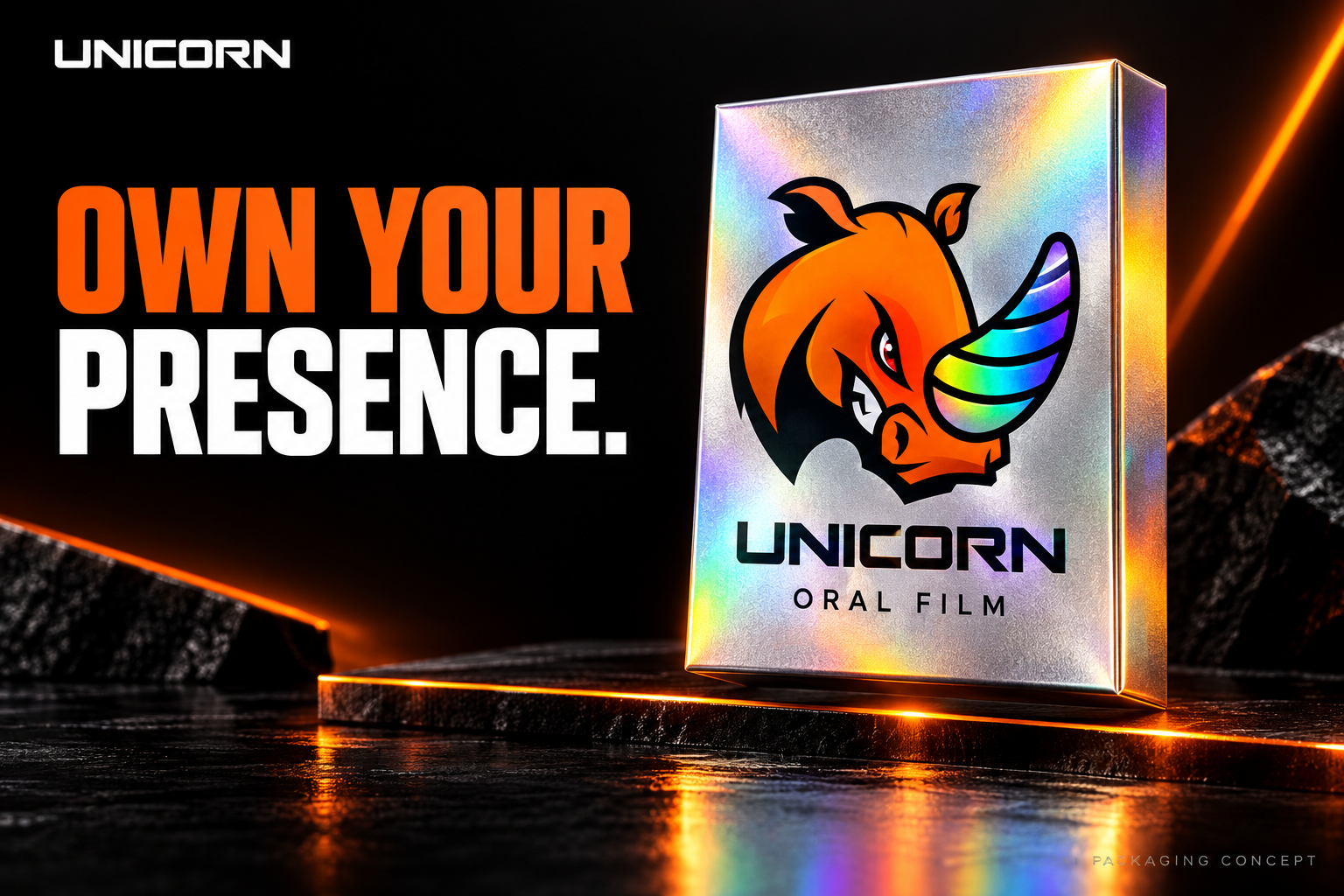 Own your presence: silver UNICORN packaging concept on an orange-lit black stage