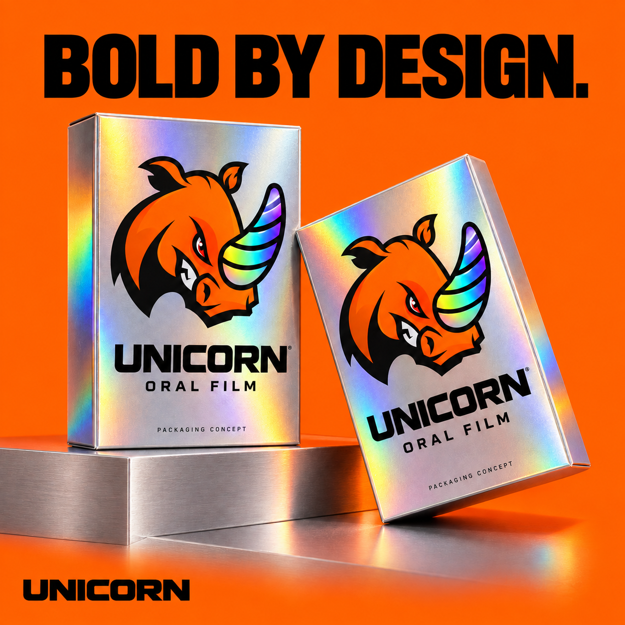 Bold by design: two silver UNICORN packaging concepts against orange